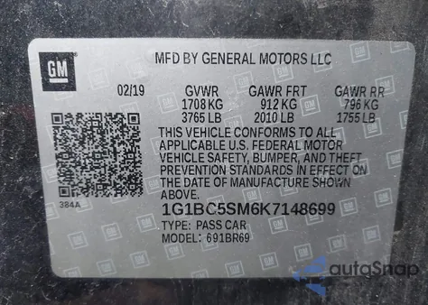 2019 Chevrolet Cruze Ls из США, поврежденный, VIN 1G1BC5SM6K7148699